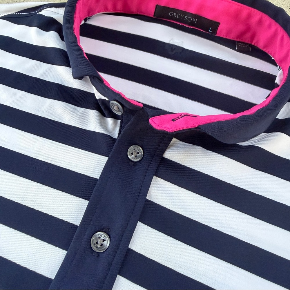 NWT Greyson Kissimmi Performance Striped Golf Polo Shirt Canal Blue White LARGE